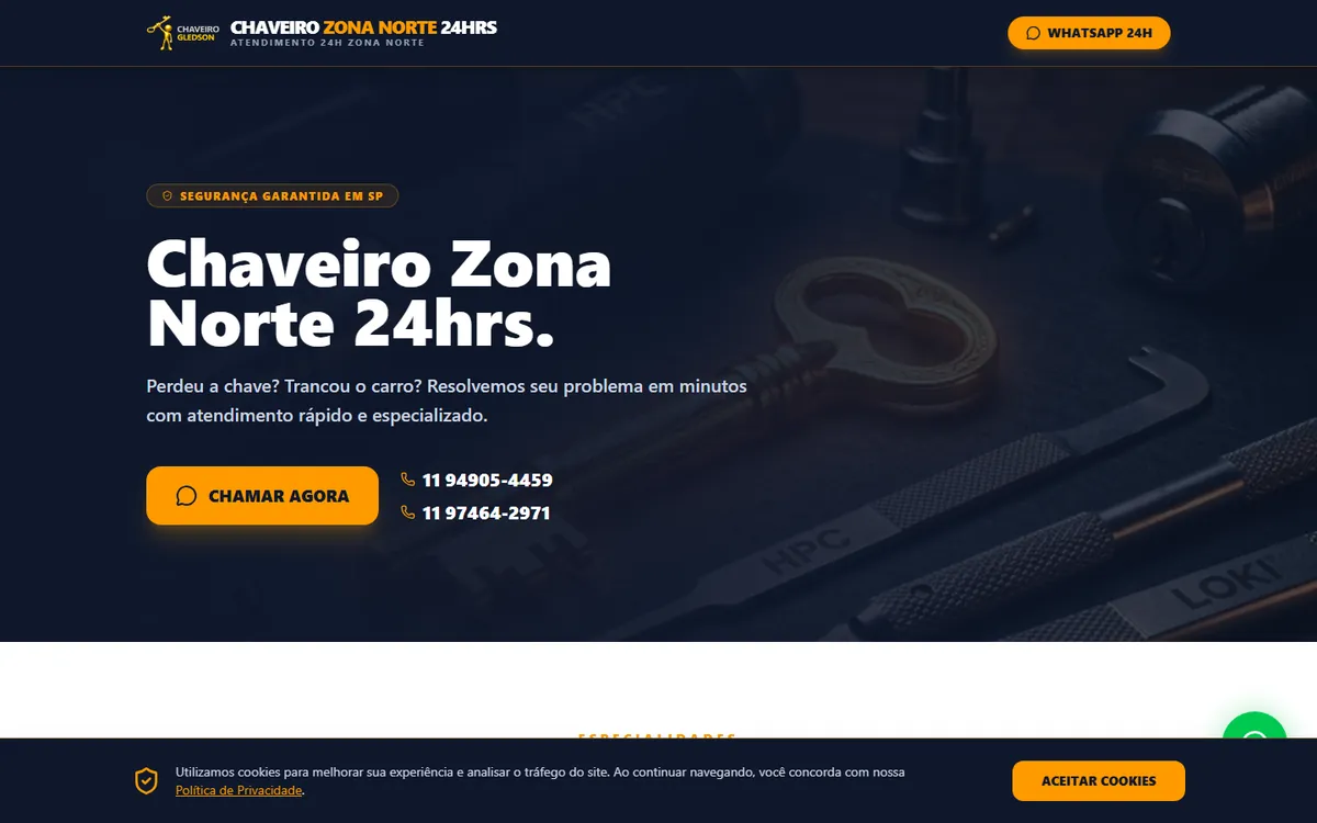 Site de Chaveiro Gledson, feito pela ALK Support