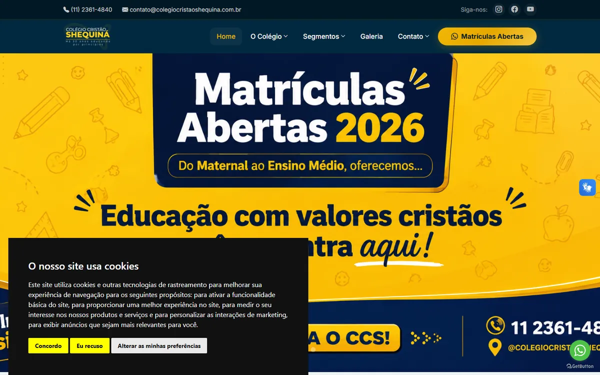 Site de Colégio Cristão Shequiná, feito pela ALK Support