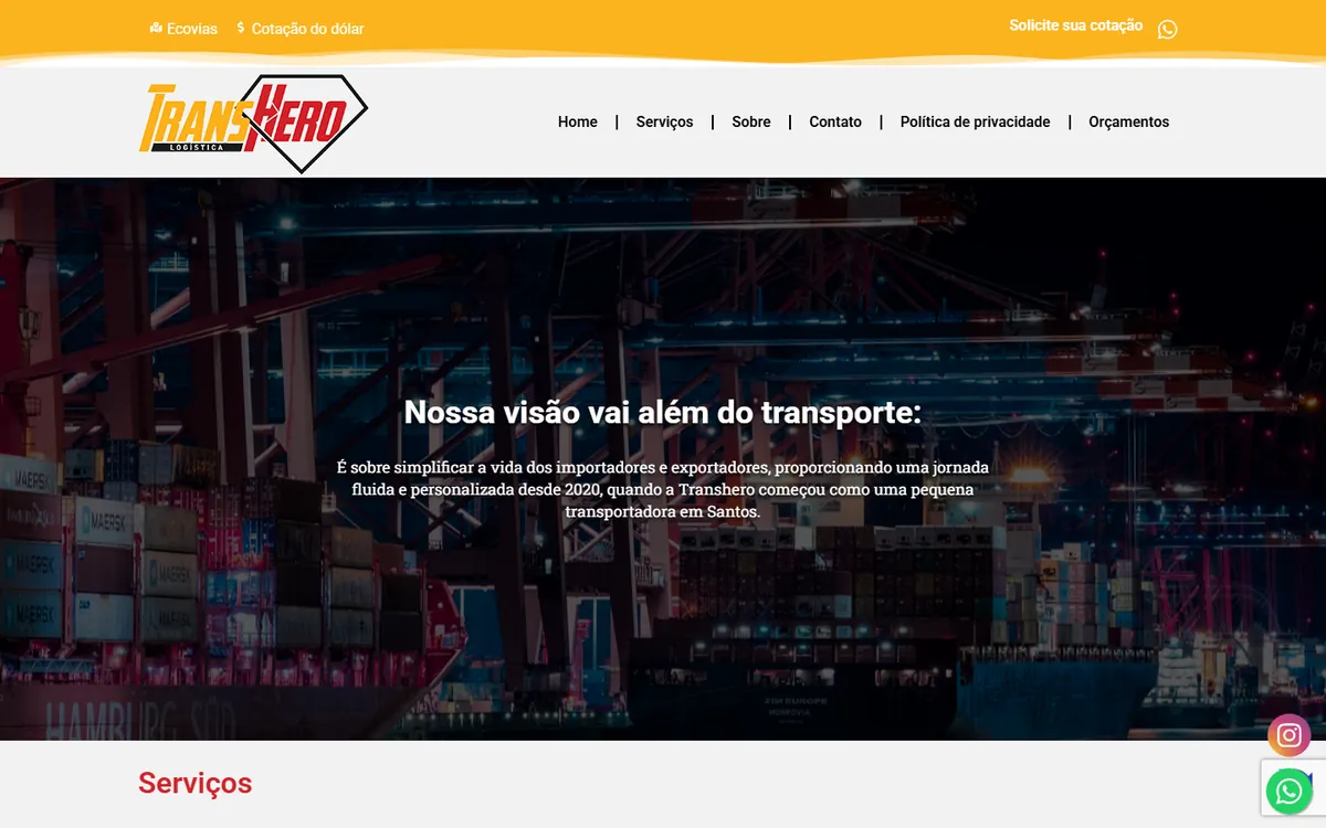 Site de TransHero Logística, feito pela ALK Support