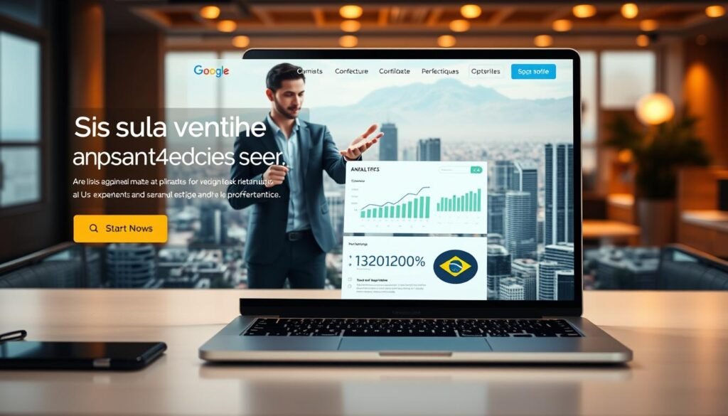 A modern and vibrant website layout, showcasing the various elements of search engine optimization (SEO). In the foreground, a laptop displays a dashboard with analytics and performance metrics, highlighting the optimization process. In the middle ground, a person in a business casual attire gestures towards the laptop, demonstrating SEO techniques. The background features a stylized cityscape, representing the bustling Brazilian market. The lighting is warm and inviting, creating a professional and productive atmosphere. The overall composition conveys the expertise and hands-on experience of optimizing websites for improved online visibility and performance.
